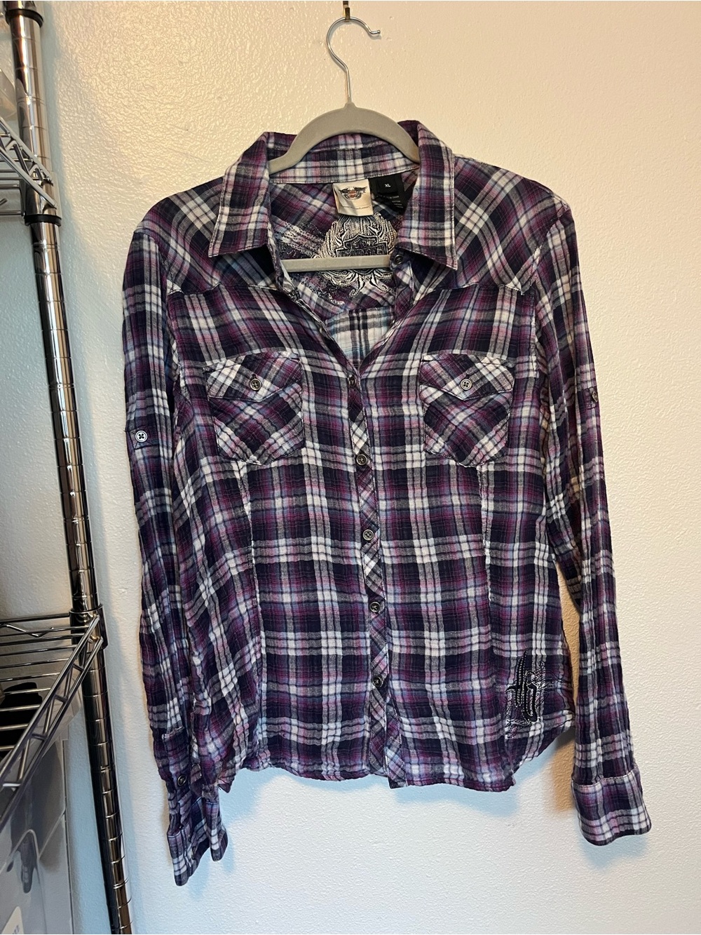 Harley-Davidson Purple and White Plaid Button-Down Shirt